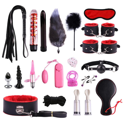 23PCS BDSM Bondage Set Handcuffs Ball Gag Whip Anal Plug Vibrator Egg Sex Toy for Women Men Couples Fetish Slave Role Play Kit
