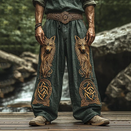 Men's Retro Viking Celtic Knot and Snake 3D Printed Casual Drawstring Straight-Leg Summer Beach Pants