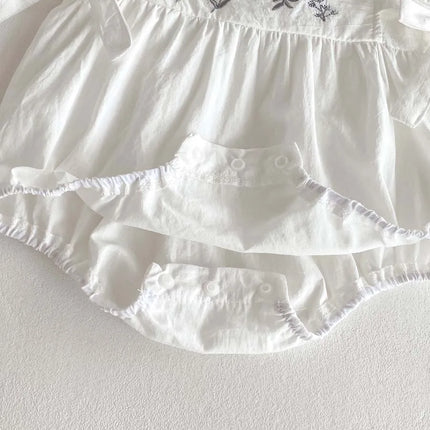 Summer baby girl sweet and cute embroidered floral side bow jumpsuit, baby girl sleeveless thin lace collar jumpsuit, suitable f