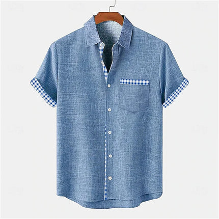 2026 Summer Men's Short-Sleeve Shirt, Coconut Tree Print, Color-Blocked Placket, Casual Vacation Beach Shirt, Hawaiian Shirt