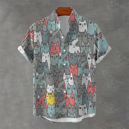 Men's New Short-Sleeved Shirt, Cartoon Cat Print, Hawaiian Style Casual Vacation Lapel Top, Wrinkle-Resistant and Non-Iron.