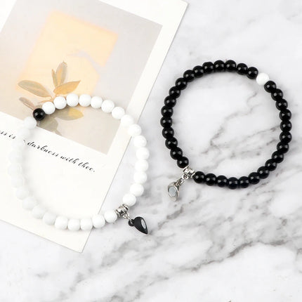 2Pcs/Set Sliver Black Color Magnet Pendant Bracelets 6MM 8MM White Porcelain Black Line Beads Couple Bracelet Jewelry Gift New
