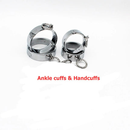 Metal Handcuffs Ankle Cuff with Chain Bondage Collar Restraint Shackles Set BDSM Handcuffs Steel Collars Sex Tool Toys