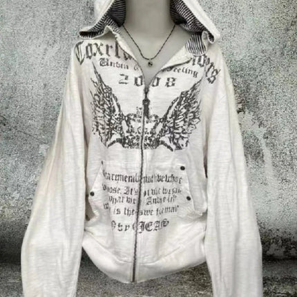Autumn Winter American Vintage Print Hooded Sweatshirt Women Y2K Gothic Hot Girl Jacket Streewear Subculture Retro Tops New