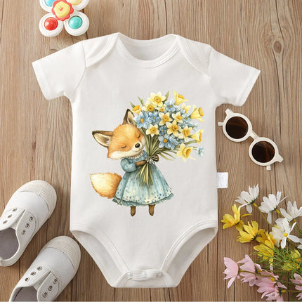 Retro Hello Spring Little Animals Pure Cotton Bodysuit Onesie Comfortable Cloths for Baby Jumpsuit for 0 To 12 Months Newborn