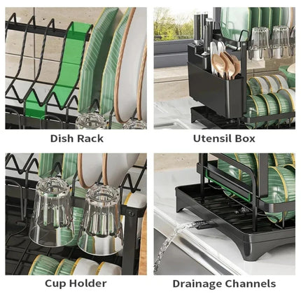 2-Tier Dish Drying Rack with Drain Tray Spout Cutlery Cup Holder Multifunctional Kitchen Countertop Storage Organizer