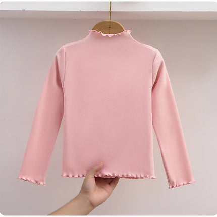 Autumn-Winter Girls Long Sleeve Solid Color Ruffled Collar T-Shirt Girls Fashionable Comfortable Everyday Wear T-Shirt