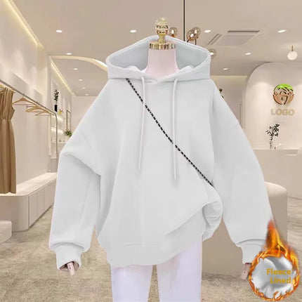 Women's Fleece Lined Hoodie Loose Fit Winter Pure Color Oversize Middle School Style American Korean Jacket Versatile Sweatshirt