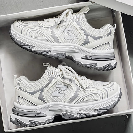 Men's Chunky Silver/White Sneakers | Retro Dad Shoes with Thick Platform Sole | Breathable Mesh Upper