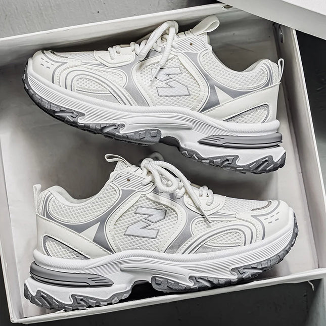 Men's Chunky Silver/White Sneakers | Retro Dad Shoes with Thick Platform Sole | Breathable Mesh Upper