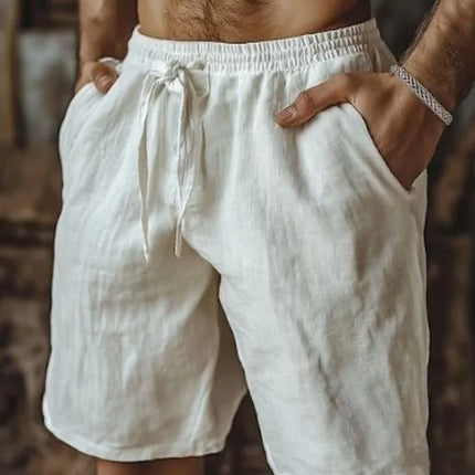 New Summer Men's Cotton Linen Shorts Comfortable Loose Fit Elastic Drawstring Waist Casual Beach Shorts Breathable
