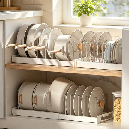Expandable Pot Organizer Rack, Adjustable Divider for Kitchen Cabinet, Multi-Purpose Storage for Pots & Pans