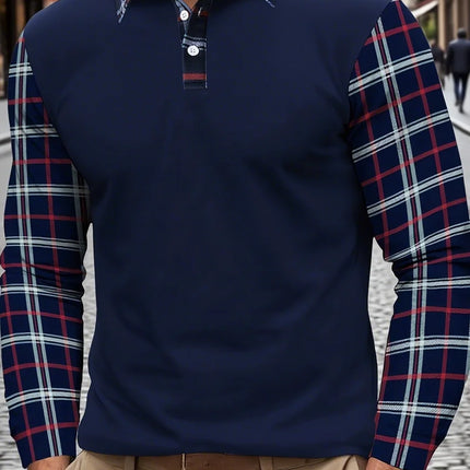 Men's Casual Color Blocked Shirt Long Sleeved Polo Shirt Lapel Pullover Checkered T-Shirt Simple Retro Men's Clothing