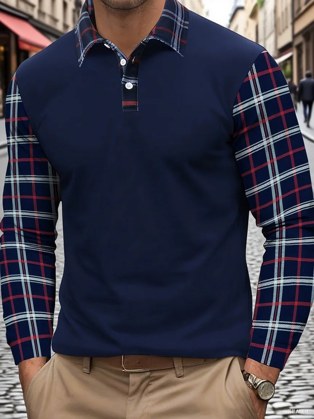 Men's Casual Color Blocked Shirt Long Sleeved Polo Shirt Lapel Pullover Checkered T-Shirt Simple Retro Men's Clothing