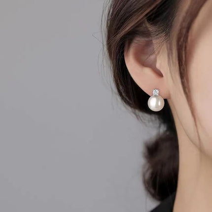 Real 925 Sterling Silver Zircon Bead Round Pearl Stud Earrings For Women Classic Fine Jewelry Niche Light Luxury Accessories