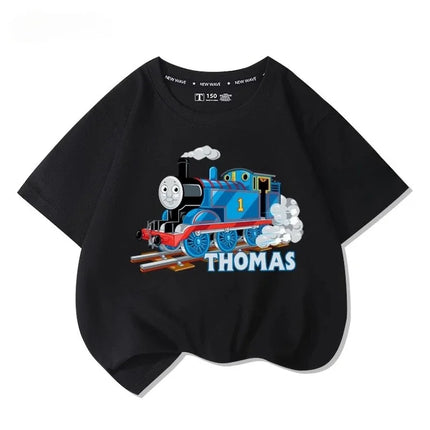 Thomas the Tank Engine short-sleeved t-shirt, new children's cartoon tops, boys' and girls' summer fashion, 100% cotton comfortable t-shirt.