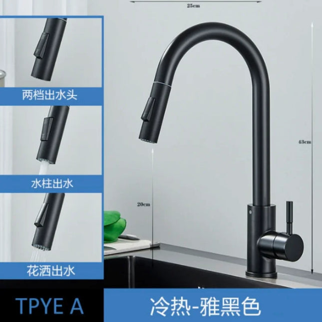 Modern Matte Black Kitchen Faucet Single Handle Pull Out Sprayer Two Function Mixer Tap Deck Mounted Hot Cold Water Household Ki