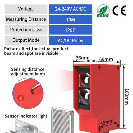 GTRIC Photoelectric Sensor Retro-reflective Square Photoell Infrared Switch IP67 Waterproof 24-220V AC DC Universal 10m Distance