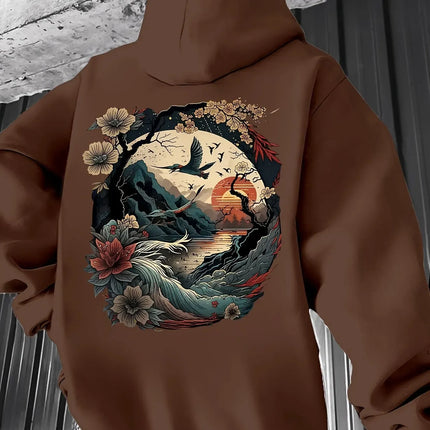 Oversized Unisex Hoodie Oriental Mountain Bird Flower Sunset Back Print 2026 Spring Ulzzang Y2K Viral Street Sweatshirt