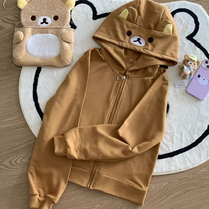 Cute Bear Ear Hooded Jacket Y2K Japanese Style Long Sleeve Zipper Casual Second Hand Women's T-shirt Spring Autumn Winter