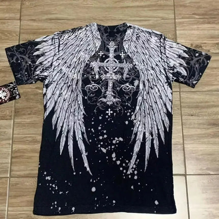 Summer European and American Fashion Men's Breathable Comfortable Round Neck T-Shirt Wing Cross Print Outdoor Top