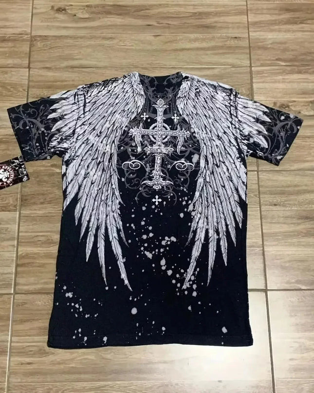 Summer European and American Fashion Men's Breathable Comfortable Round Neck T-Shirt Wing Cross Print Outdoor Top