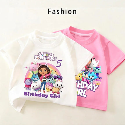 New Gabby Dollhouses Pink Short Sleeve White T-shirts Girls Tops Cotton Summer Casual Birthday Number T-shirt Party Supplies Tee