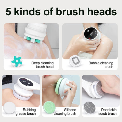 Electric Body Brush Back Skin Scrubber for Shower Waterproof Bath Brush with 5 Heads 3 Levels for Cleansing and Massaging Skin