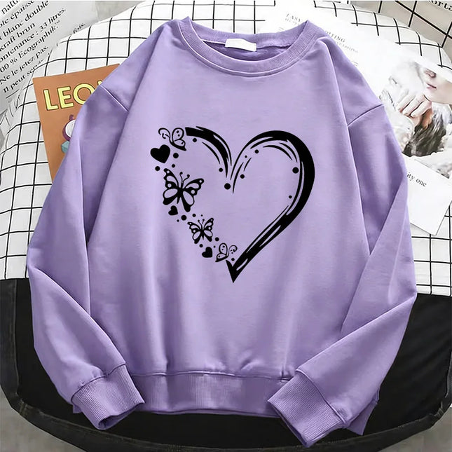 Fashion Y2k Heart with Butterfly Womens Hoodies Warm Fleece Sweatshirt Soft Breathable O-Neck Pullover Casual Female Clothes