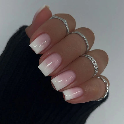 24Pcs Simple Square Head Fake Nail with nude design White Gradient French Press on False Nails Short Full Cover Nail Tips
