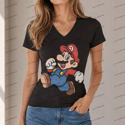 New Y2k T-shirt Super Mario Women T-shirt Hot Sale V Neck Harajuku Style XS-5XL Fashion Cuteore Party Short Sleeve Women's Anime