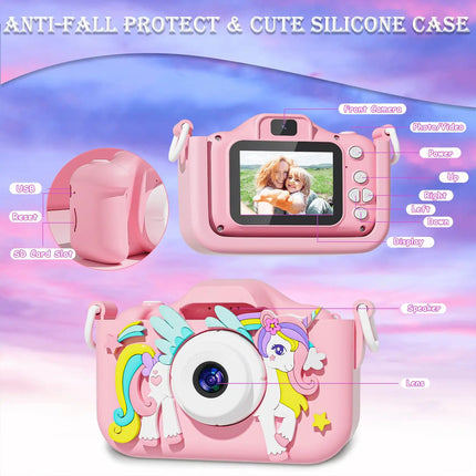 1080P Kids Camera Dual Lens Selfie Digital Camera for Children 12 Pink Styles Video Recorder Toy with Silicone Case Birthday Gif