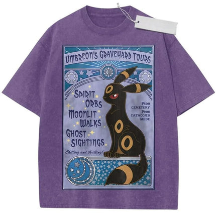 T Shirt Sports T Shirt Short Sleeve T Shirt Black Unisex Pure Cotton Washed Vintage Pokemon Anime Espeon Print