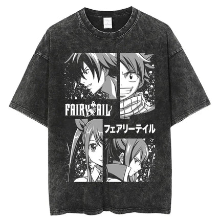 FAIRY TAIL Anime Manga Peripherals T-shirt Natsu Lucy Happy Gray Graphic Print Washed Vintage Short Sleeve Men Women Cotton Tee