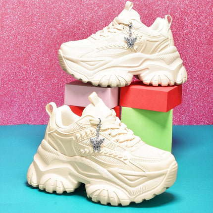 Women's Lightweight 7cm White Thick-Soled Trbottomyy Versatile Fashionable Casual Vulcanized Shoes with Silver Butterfly Decorative Pendant Chain Shoes High Water Platform Trbottomyy Versatile White Women's Comfortable Soft-S