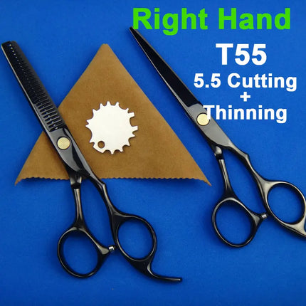 Japan 440C Titanium Qlating Barber Professional Scissors for Hairdresser 5.5 / 6.0 Cutting Thinning Black Hair Scissor Shears