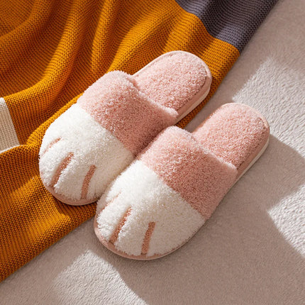 Evshine Winter Plush House Slippers For Women Cute Cat Paw Indoor Fur Shoes Soft Bottom Flat Cotton Slides Bedroom Plush Slipper