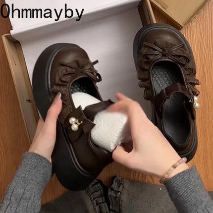 2026 Spring Autumn Height-Increasing Women's Mary Jane Shoes Concise Butterfly-knot Single Shoes Ladies' Elegant Dress Leather Pumps