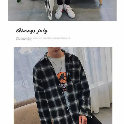 Casual Plaid Long Sleeve Men's Shirt Autumn Korean Style Loose Fashionable Outerwear Couple's Casual Shirt Comfortable Fit