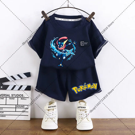 2pcs Pokemons Short-sleeved Shorts Summer Thin Waffle Clothes Suit Cartoon Anime Gengar Charmander Print Clothing Birthday Gift