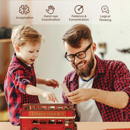 Robotime rolife London Tour Bus 3D Wooden Puzzles Wood Model Toy Car to Build Crafts Collectibles Gifts for Boys Girls