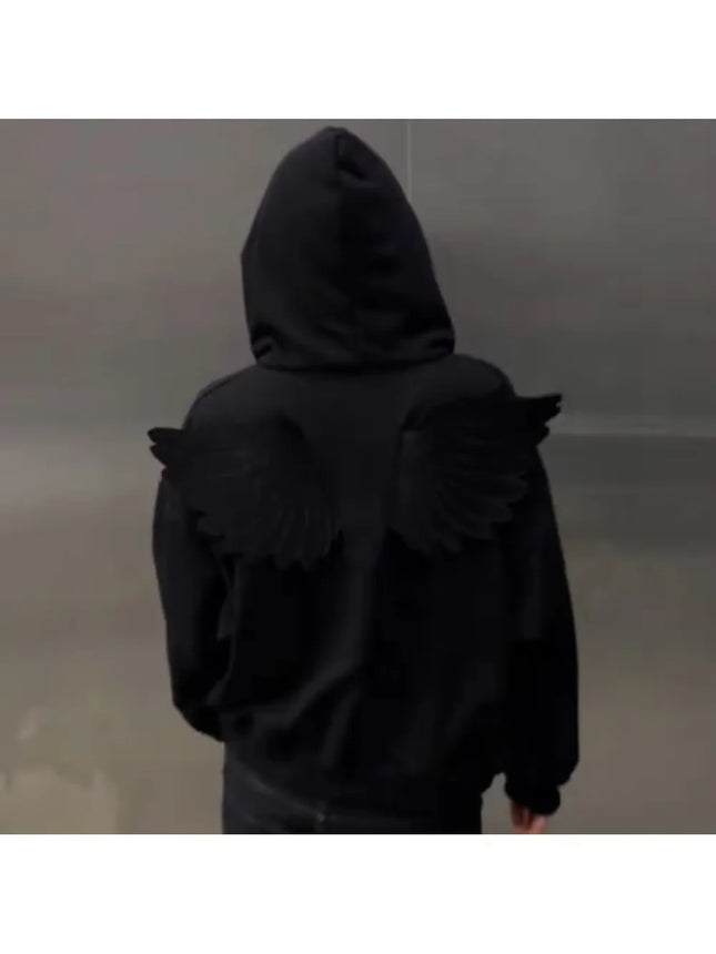 Y2K Angel Wings Hooded Sweatshirt, New 2026 Release Solid Color Zipper Street Cute Personalized Top Role-Playing Outfit