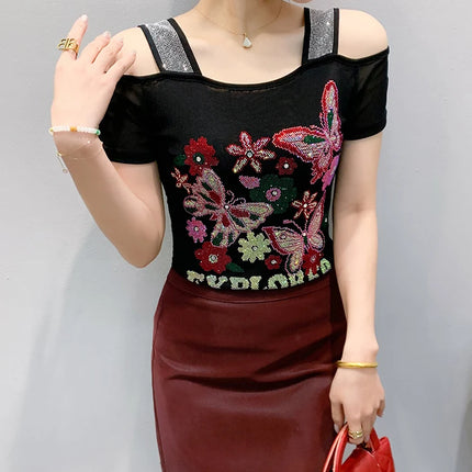 Summer Streetwear Fashion Women's T-shirt Luxury Design Butterfly Hot Diamonds Tee Sexy Off Shoulder Girls Tops European Clothes