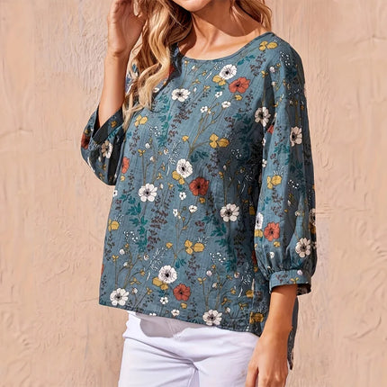 Plus size women's casual shirt, floral print round neck lantern sleeve loose top, women's office casual top