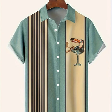 Summer 2025 Men's Short-sleeved Shirt With Black And White Stripes And Collection Pattern Print Single-breasted Fashion Shirt
