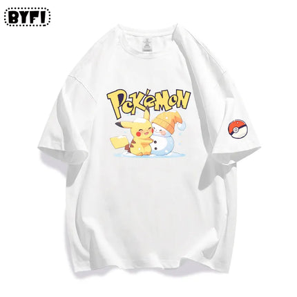 New Cool Pikachu Collaboration Pok É Mon Peripheral Short Sleeved T-shirt for Men and Women, Pure Cotton Half Sleeved Loose Top