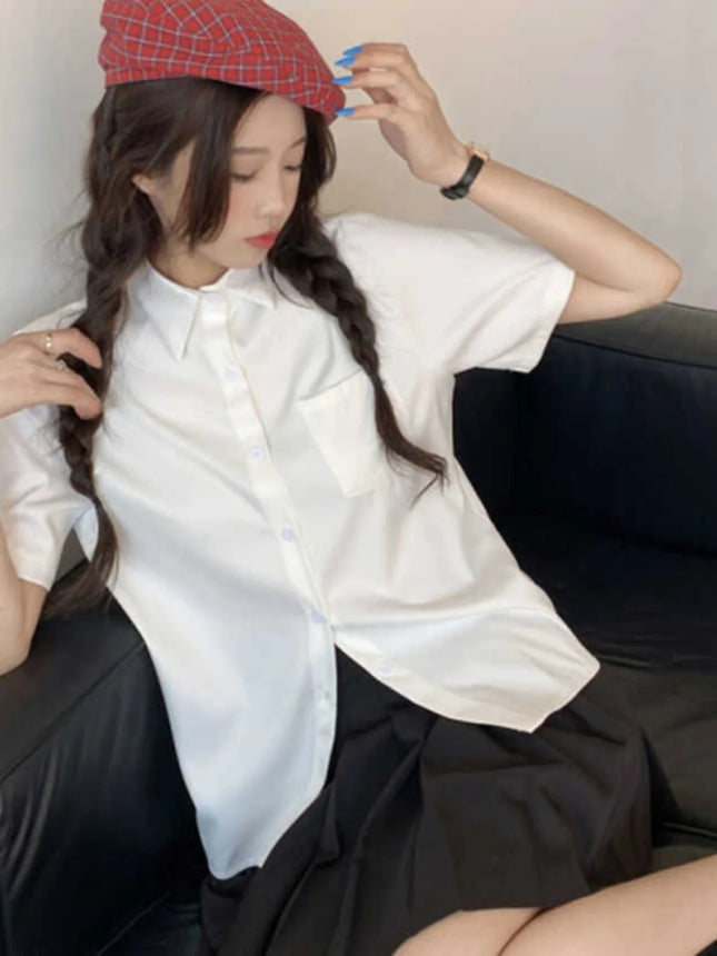 Summer White Loose Fit Shirt American Versatile Salt Series All-Match Pure Color Simple Slimming Student Top Women's Fashion