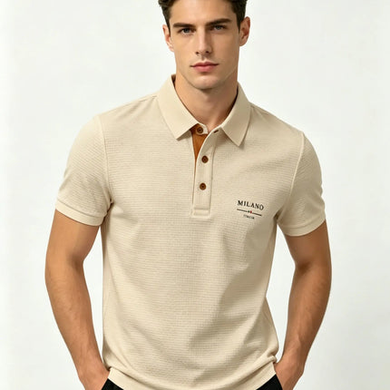Mens Milano Italia Letter Jacquard Polo Shirt Breathable Quick Dry Fabric Casual Business Outdoor Daily Short Sleeve Top