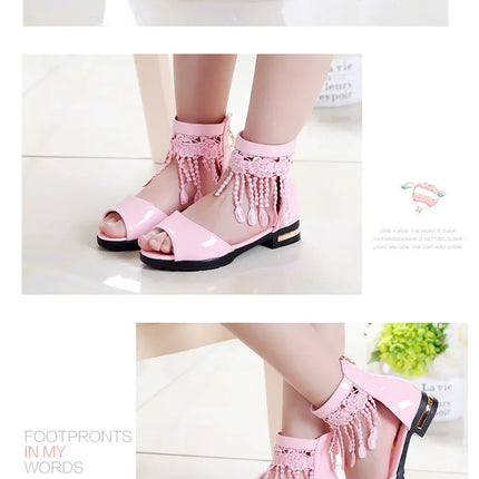 3 5 9 10 12 Years Kids Bow Sandals Children Girls Summer Cute Sandals Beach 2021 Princess Fashion High Heels Tassel School Shoes