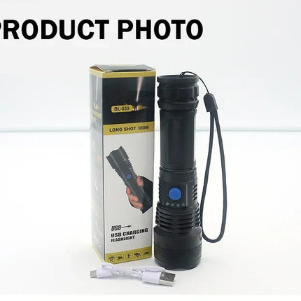 High Power LED Tactical Flashlight Rechargeable Light  Bright Telescopic Zoom Handheld Hunting Torch Light for Emergency Hiking